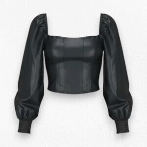 7 For All Mankind Black Faux Leather Puff Sleeve Smocked Corset Top Size Small